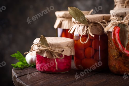 Preview: Pickled vegetables in glass jars.