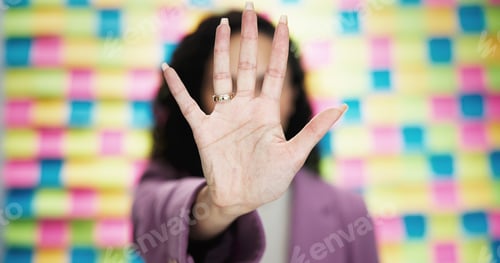Preview: Woman, hand and stop with rejection on colorful background for no, refusal or objection in studio.