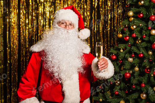 Preview: Santa claus in eyeglasses holding glass of champagne near fir tree and tinsel