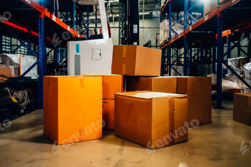 Preview: Cardboard boxes of goods in warehouse factory