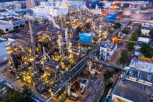 Preview: Tai Po, Hong Kong 19 May 2019: Top view of Hong Kong industrial factory plant at night