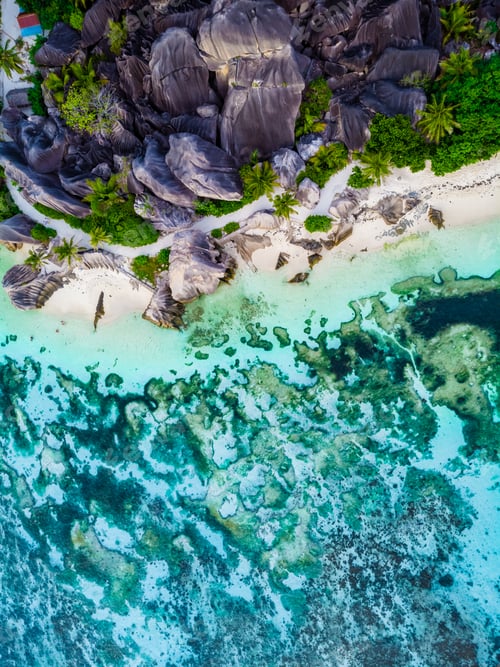 Preview: Drone view from above at a tropical beach in the Seychelles, Anse Source d'Argent La Digue