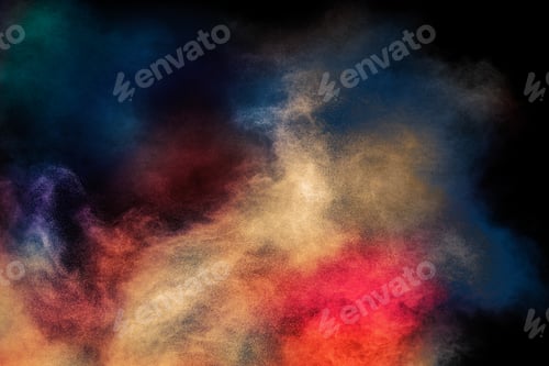 Preview: Explosion of colorful Holi powder on black background. Vibrant color dust particles background.