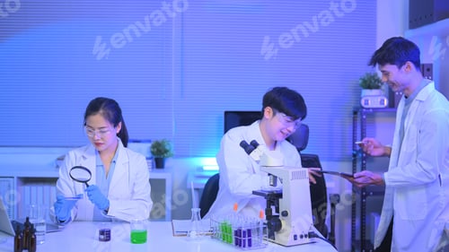 Preview: Scientists in lab coats analyze liquid samples using magnifier, microscope, and test tubes