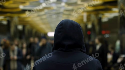 Visualização: Rear view of a man with a dark blue hoodie on standing in front of a crowd at the station