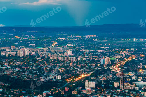 Preview: Tbilisi, Georgia. Aerial View Of Populated Residential Area In Evening Night Time