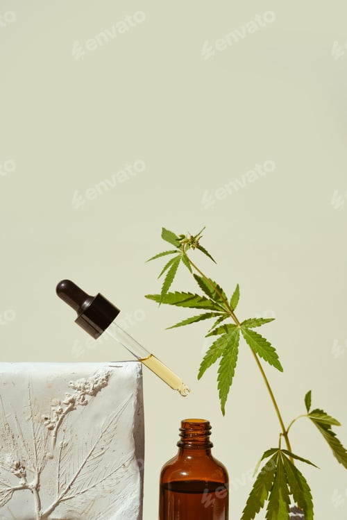 Preview: CBD oil in pipette and an open bottle on podium with a leaf of marijuana, hemp