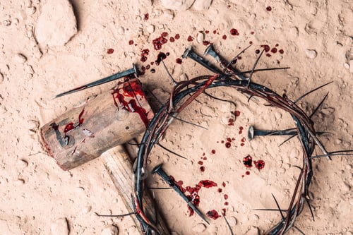 Preview: Good Friday, Passion of Jesus Christ. Crown of thorns, hammer, bloody nails on ground. Christian