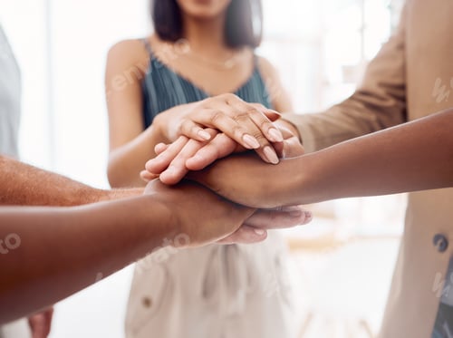 Preview: Teamwork, support and stack of hands of business people for community, trust and collaboration in o