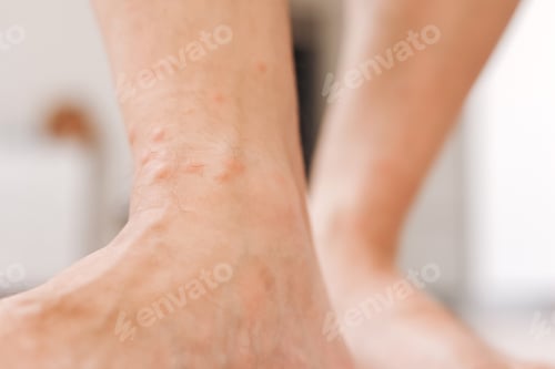 Preview: Close up allergic rash dermatitis eczema on man foot. Leg with red rash caused by insect bites.