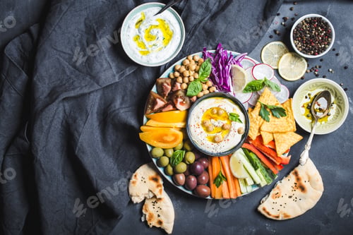Preview: Hummus platter with assorted snacks