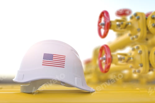 Preview: Oil and gas industrial of USA. United States flag on a hard hat with gas valve tubes.