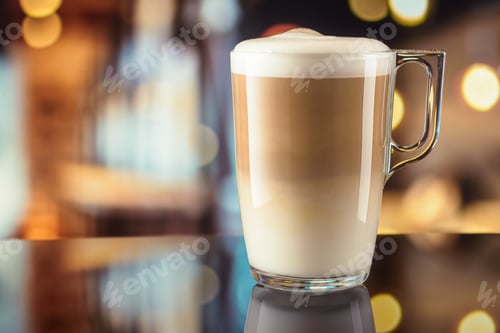 Preview: Glass cup of latte coffee on the bar counter with blurred background. Copy space.