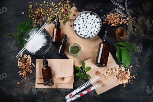 Preview: Alternative Herb Medicine. Herbal Medicine And Homeopathy Concept. Top View