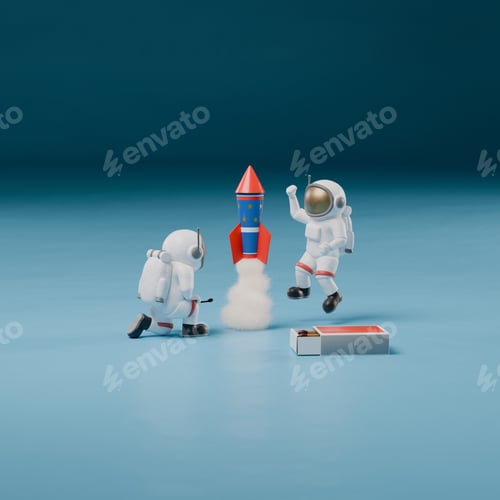 Preview: Clay astronaut celebrating with a rocket firework against blue background