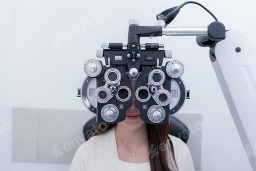 Preview: Woman optical shop customer doing eyesight measurement with optical phoropter check eye distance for