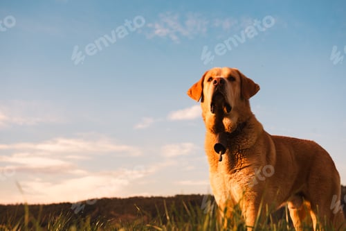 Preview: Dog between field and blue sky