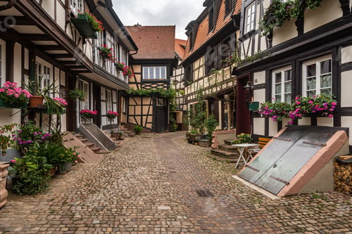Preview: Typical half-timbered houses lined along a pedestrian street in Gengenbach, Black Forest, germany