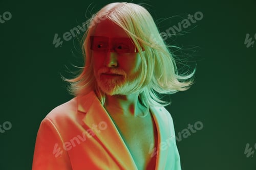 Preview: Portrait of a stylish elderly man with long white hair, wearing a white suit The artistic use of red