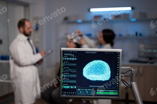 Preview: Monitor with brain activity on screen in neurology medical laboratory