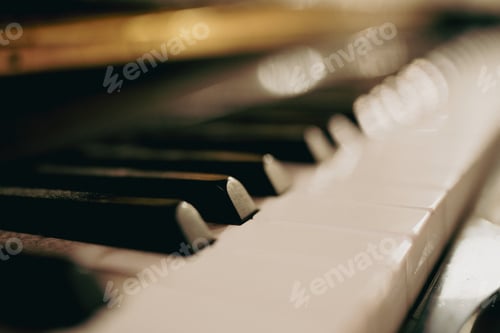 Preview: Close up of old broken dusty piano keys. Music playing from the ancient ruined piano.