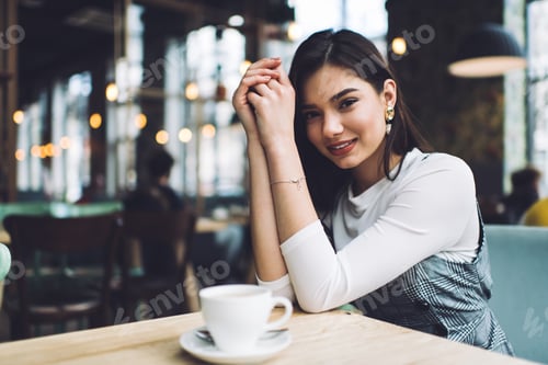 Preview: Cheerful female resting in light cafe