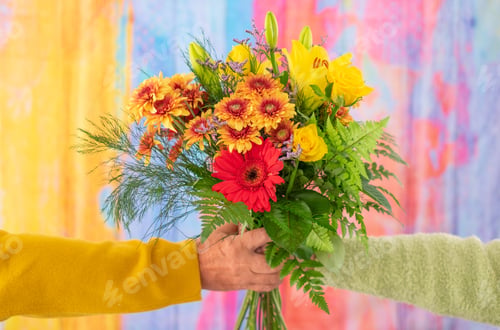 Preview: Valentine's Day Women's Day birthday party. Cropped photo of female male holding bouquet of flowers