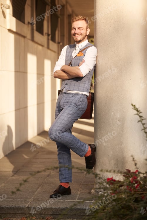 Preview: One Young Smiling Man, 20-29 Years Old, Wearing Hipster Suit, Standing, Leaning To Building Column