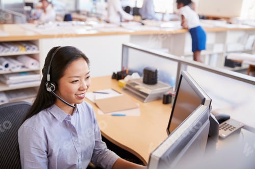 Preview: Smiling Asian woman working in a call centre, elevated view