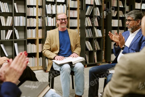Preview: Middle Aged Caucasian Man Leading Presentation during Book Discussion Group