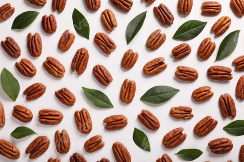 Preview: Delicious pecan nuts and green leaves on white background, flat lay