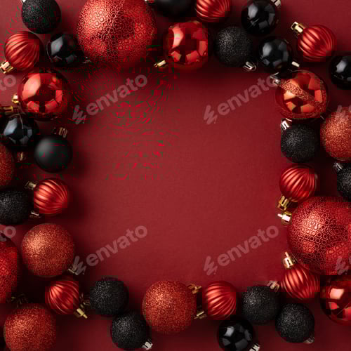 Preview: Top view of elegant red and black Christmas baubles creating a festive holiday atmosphere