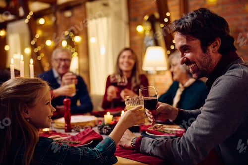 Preview: Happy father and daughter toasting during family meal at Christmas.