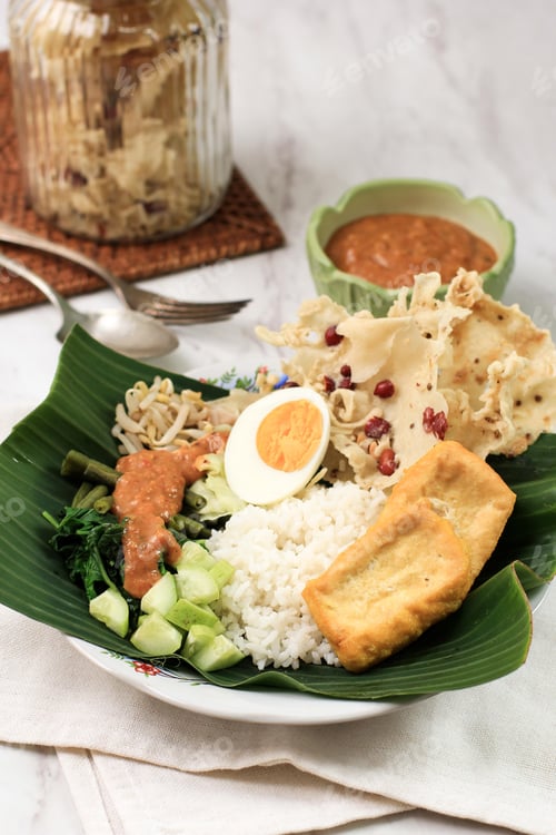 Preview: Nasi Pecel, Javanese Rice Dish of Steamed Rice with Vegetable Salad, Peanut Sauce Dressing