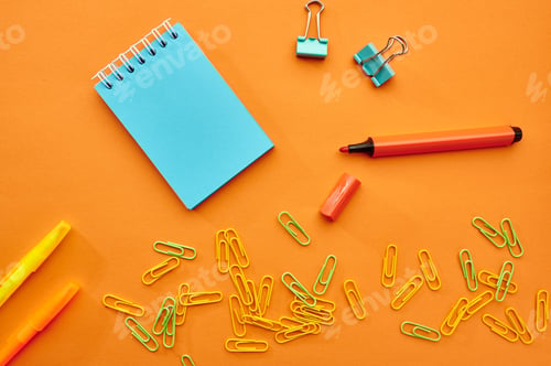 Preview: Clips, notepad and marker closeup, stationery