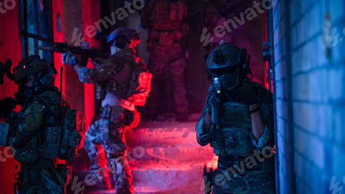 Preview: Expert team of soldiers attacking enemy during military operation, Army soldiers in protective