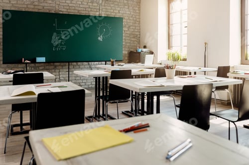 Preview: Elementary school classroom without students.