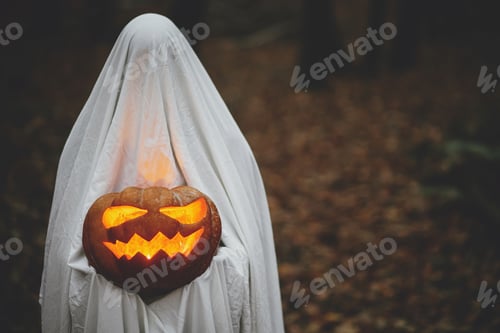 Preview: Happy Halloween! Boo! Spooky ghost holding glowing jack o lantern in moody dark autumn forest