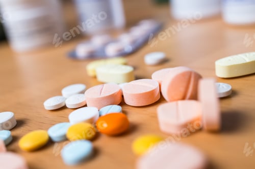 Preview: Various medicine tablets and capsules on surface
