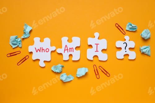 Preview: Puzzles with letters, papers and paper clips on orange background, top view