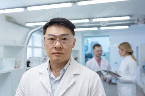 Preview: Portrait of a young Asian male scientist doctor standing in a laboratory of a research center in a