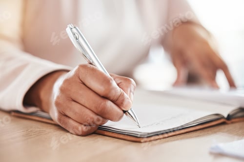 Preview: Hands, accountant or woman writing in notebook for financial strategy, tax or audit review for comp