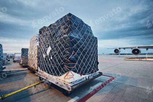 Preview: Airport at dusk. Loading of cargo containers to airplane before flight.