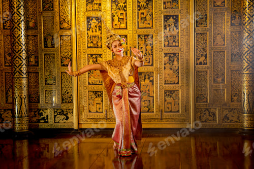 Preview: Wide shot of beautiful Asian woman wear Thai ancient traditional dress action of dancing
