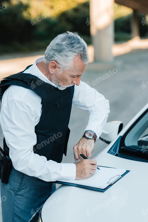 Preview: middle aged policeman looking at wristwatch and writing in clipboard on car at street