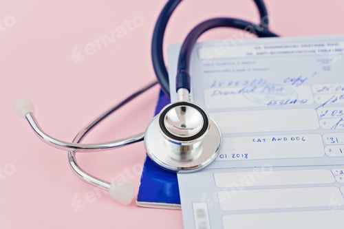 Preview: Stethoscope and pet animal vet passport. Time to do vaccination. Concept of preparing pet for travel