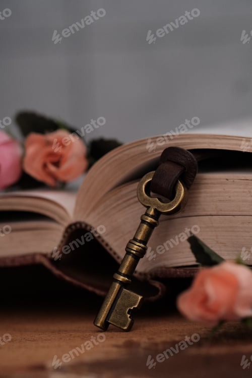 Preview: Old key and old book and flower, still life photography
