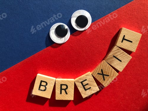 Preview: Brexit, word in wooden alphabet letters and googly eyes on red and blue