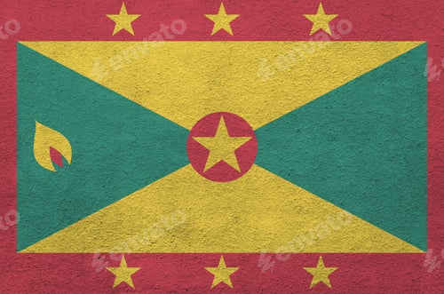 Preview: Grenada flag depicted in bright paint colors on old relief plastering wall close up