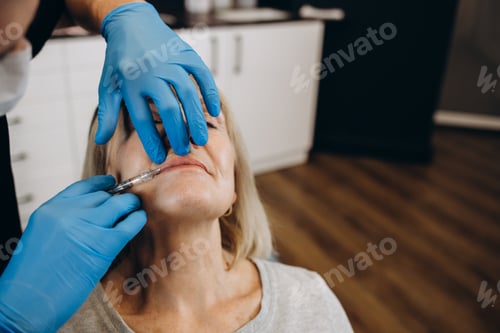 Preview: beauty, plastic surgery and cosmetology concept - senior woman and surgeon hand with syringe over